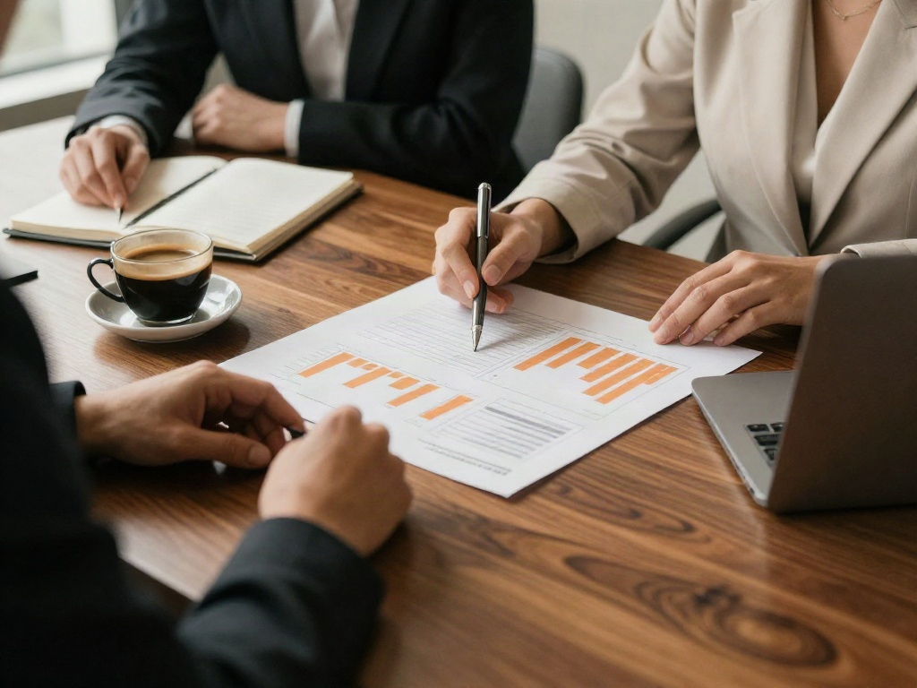 Consultants discussing performance charts during a focused business review