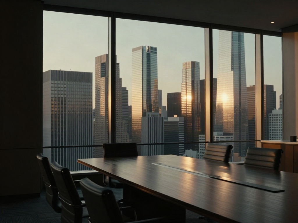 Golden light over the city from a contemporary executive boardroom